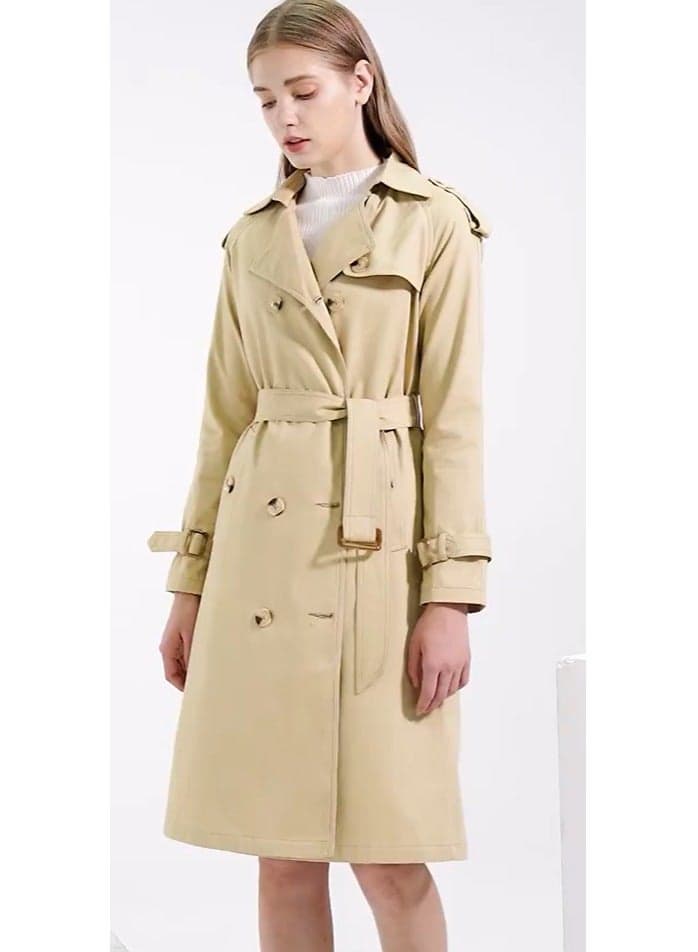 Women's Double-Breasted Long Trench Coat | Classic Notched Lapel Slim Fit Design | Adjustable Waist Belt | Khaki | Office Wear