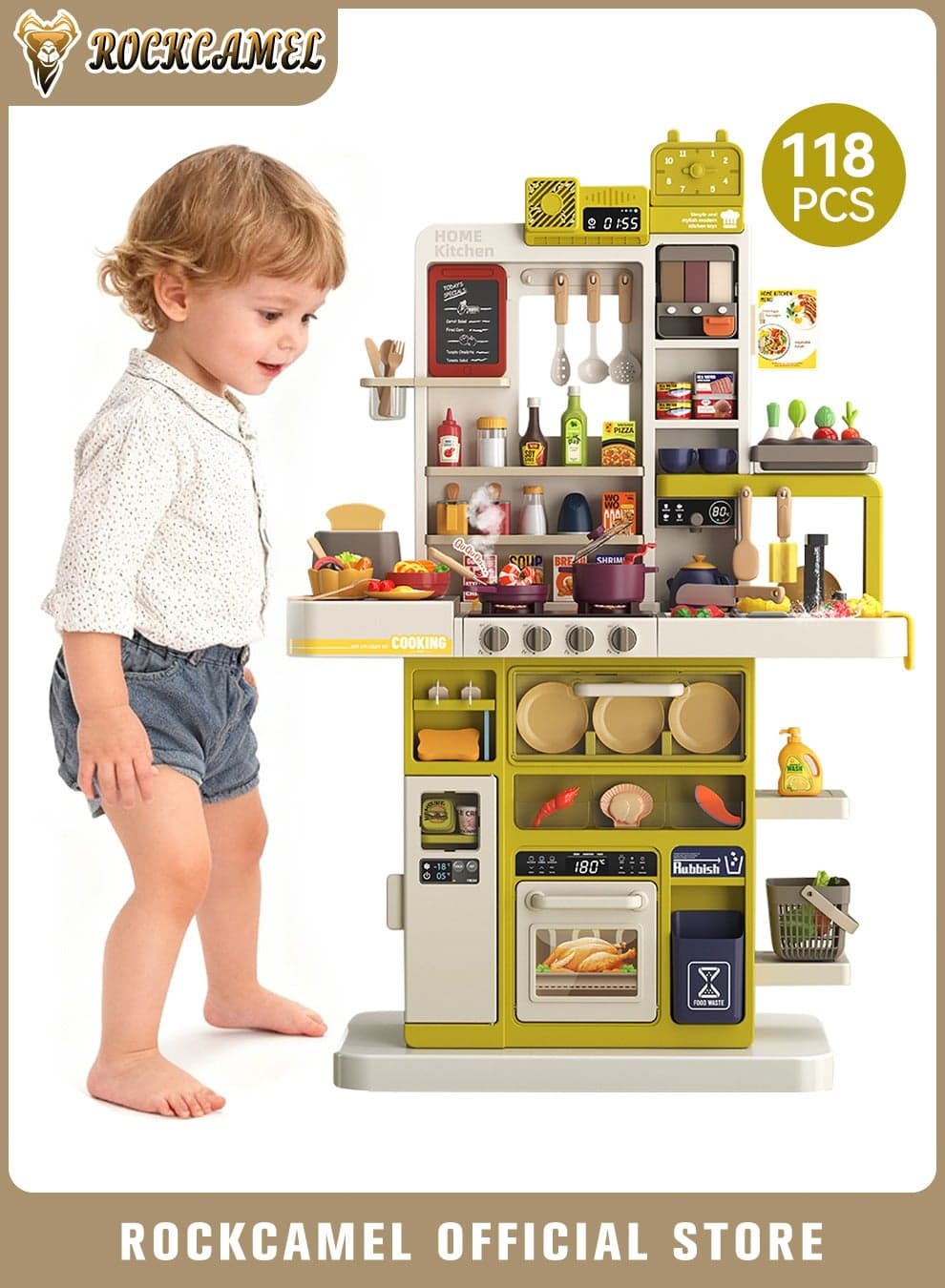 118PCS Kitchen Playset, 106cm Height Kitchen Toys with Electric Smoke Exhaust, Realistic Spray, Kitchen Color Changing Play Food Accessories, Interactive Pretend Play Cooking Toy for Boys & Girls