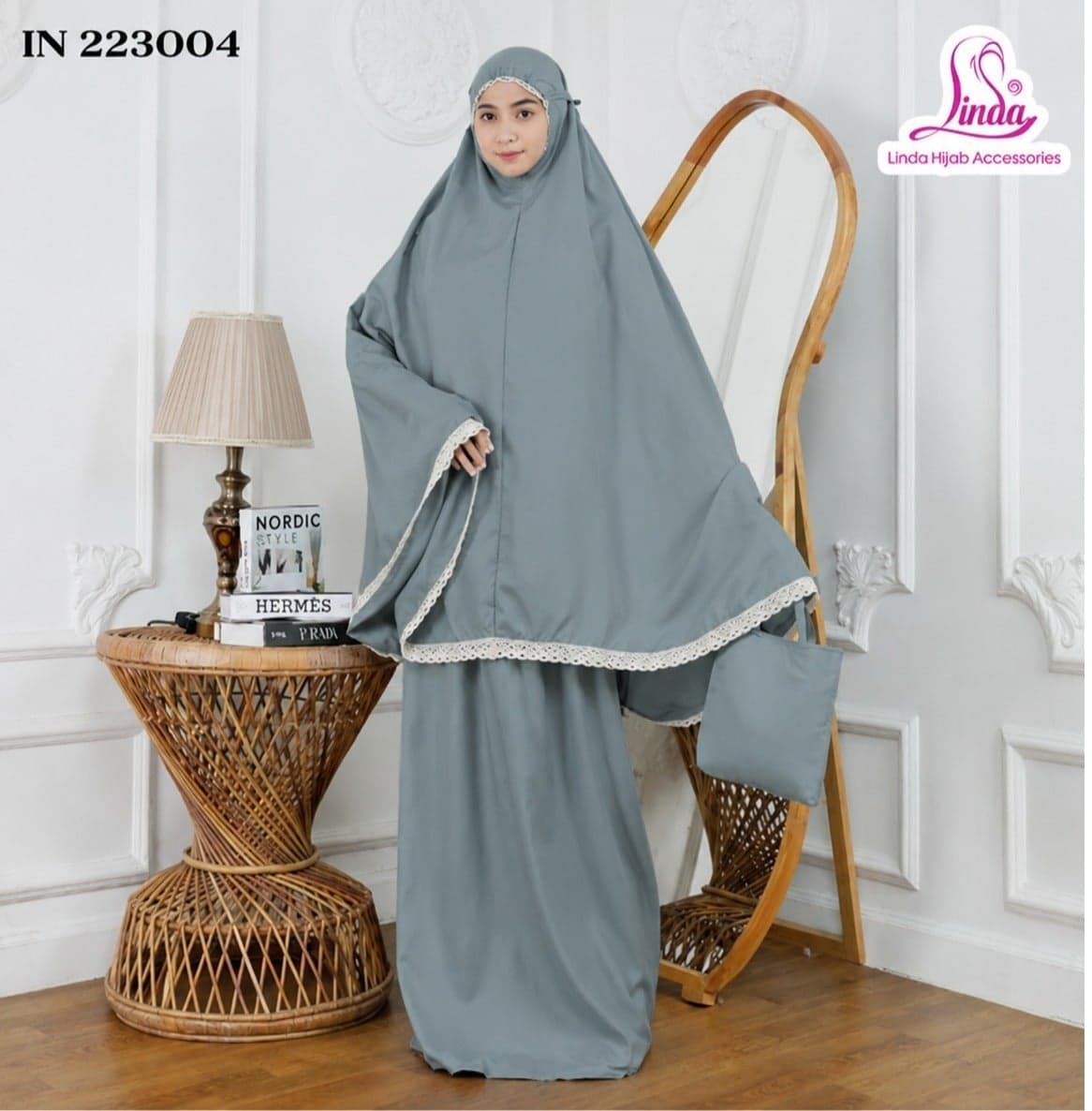 Premium Dusty Teal Girls Prayer Dress – 2-Piece Islamic Prayer Set with Lace Trim – Soft Breathable Hijab & Long Skirt – Modest Prayer Abaya for Kids & Teens with Matching Bag