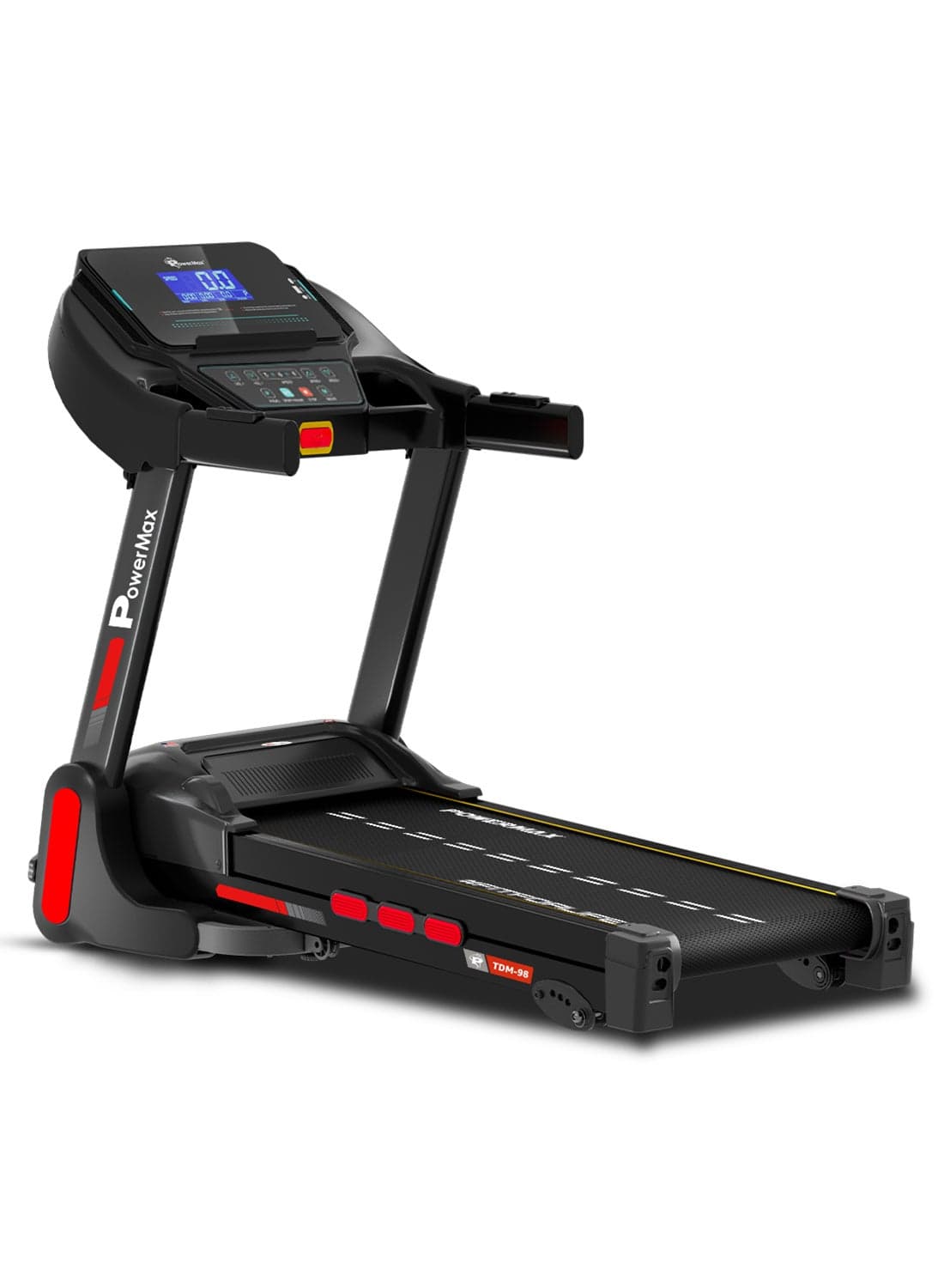 TDM-98 4HP Foldable Motorized Manual Incline Treadmill for Home Use, 110kg Max User, Max Speed-10kmph, Preset programs, Heart Rate Sensors, AUX, Speaker, USB, LED Display,Black