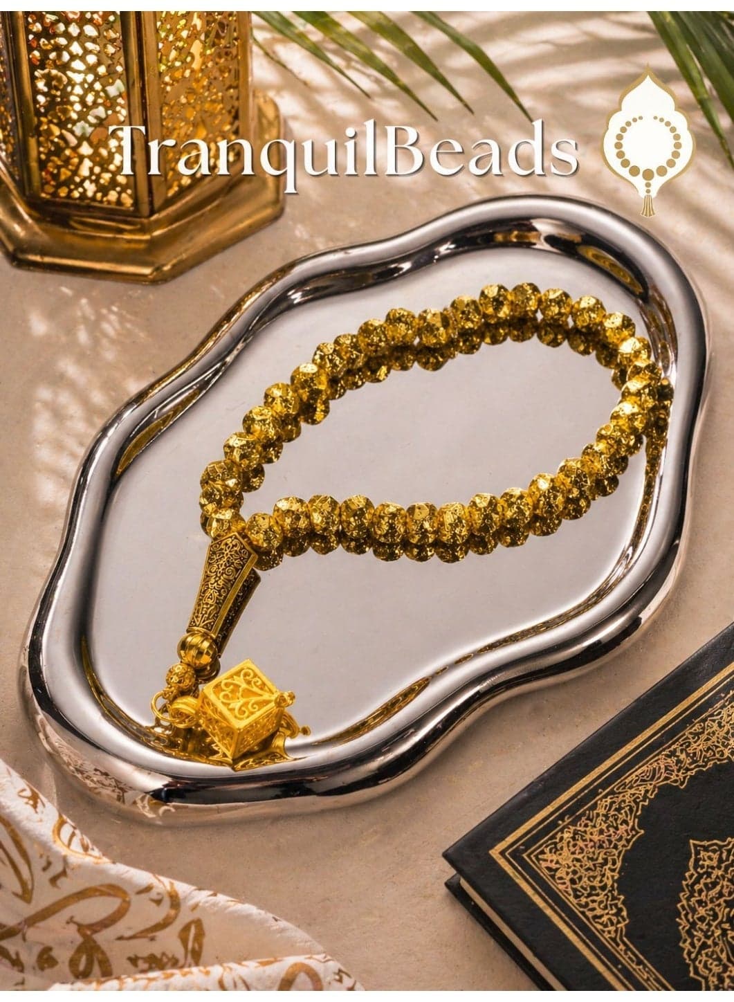 Gold Color Volcanic Stone Tasbih 33 Beads | Lava Stone Prayer Beads with Luminous Pendant | Textured Beads with Metallic Finish | Elegant Gift | Islamic Tasbih for Men