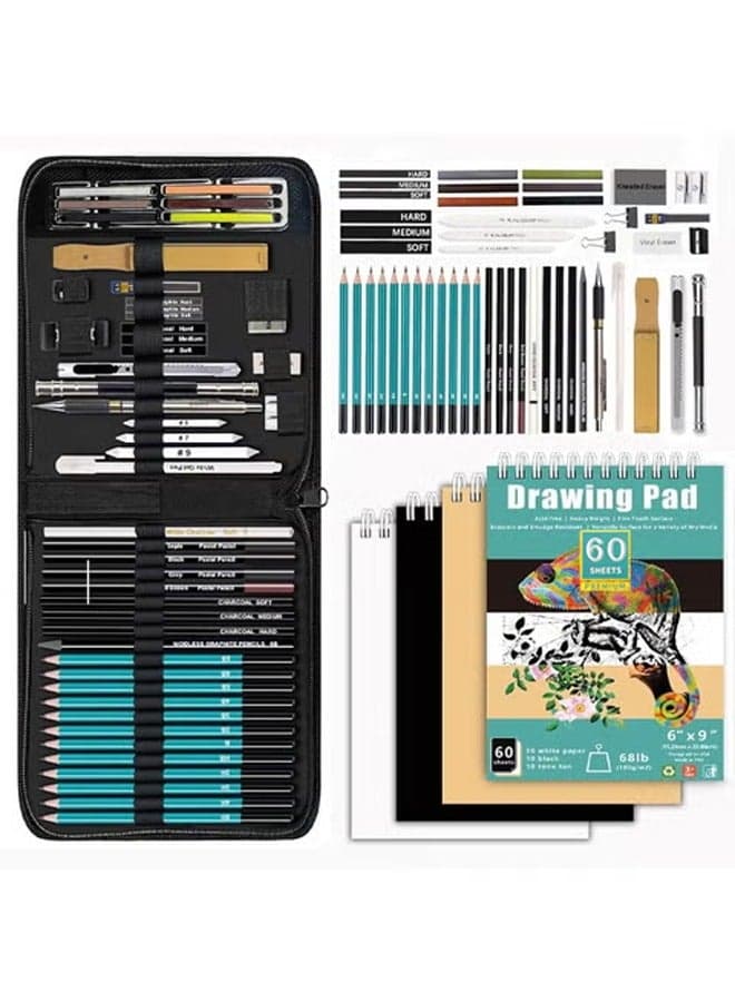 KALOUR 50 Pack Drawing Set Sketch Kit Pro,Art Sketching Supplies with 3-Color Sketchbook,Include Graphite,Charcoal, Pastel and Mechanical Pencil,Ideal for Artist Beginner Kids
