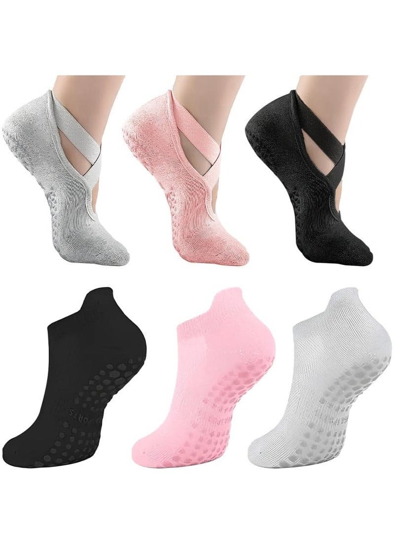 6 Pairs Non-Slip Yoga Socks Set For Women 2 Designed 3 Colors, Barre Elastic Workout Pilates Yoga Socks For Yoga Sports Gym Home Barefoot Exercises Dance Ballet
