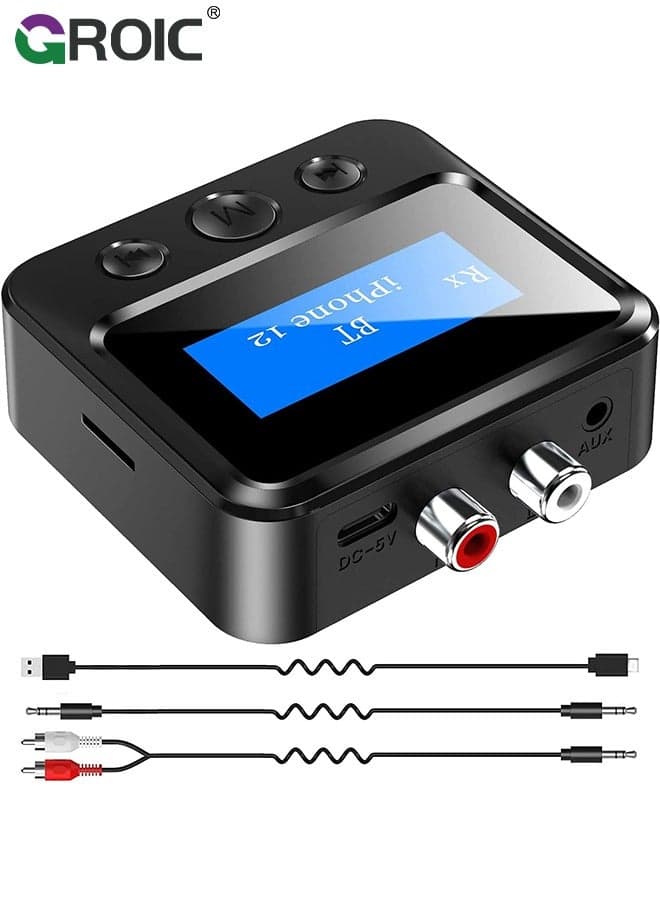 Bluetooth 5.1 Audio Adapter Transmitter Wireless Receiver Adapter(3.5mm, AUX, RCA, TF), Low Latency Wireless Audio Adapter Bluetooth AUX Adapter for TV PC Car/ Home Stereo System Speakers, LCD Display