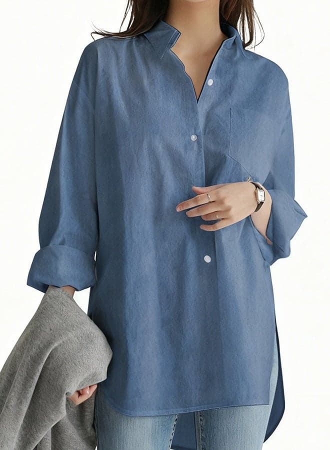 Ladies Comfortable Lapel Shirt for Daily Commute - Single-Breasted Long Sleeve Top with Simple Solid Color Design and Loose Fit