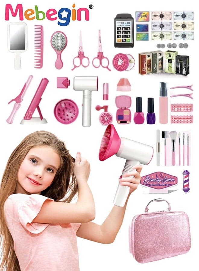43PCS Beauty Salon Set with Realistic Hairdryer, Straightener, Mirror, Scissors and Other Styling Accessories, Girls Hair Salon Kit with Portable Travel Case, Complete Stylist Set for Girls, Play House Toys, Ideal Gift for Girls