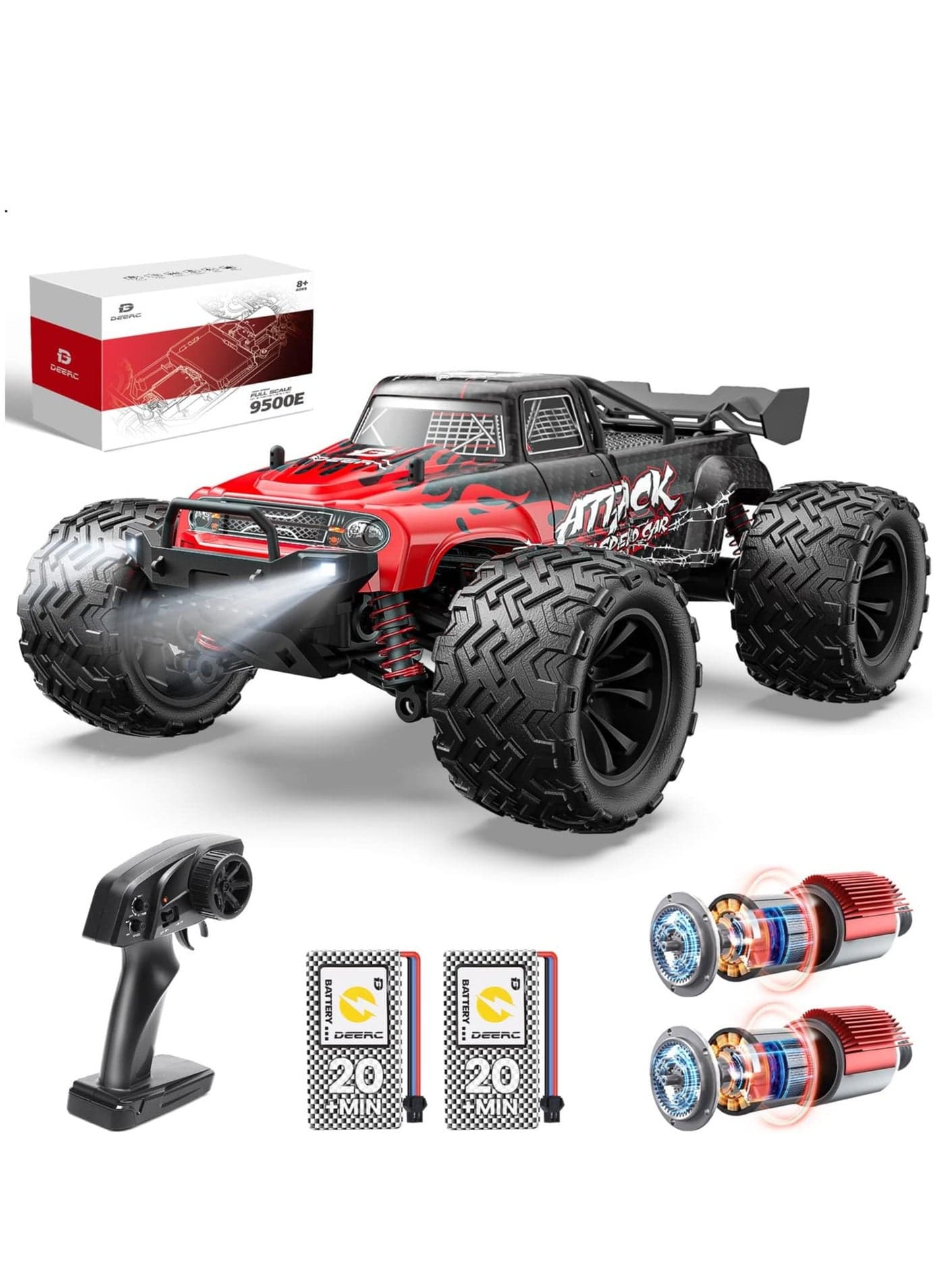 DEERC 9500E 1:16 Scale All Terrain RC Car, 4x4 High Speed 40 KPH RC Truck, 2.4Ghz Remote Control Truck with 2 Batteries, Off-Road Monster Truck for Adults Kids