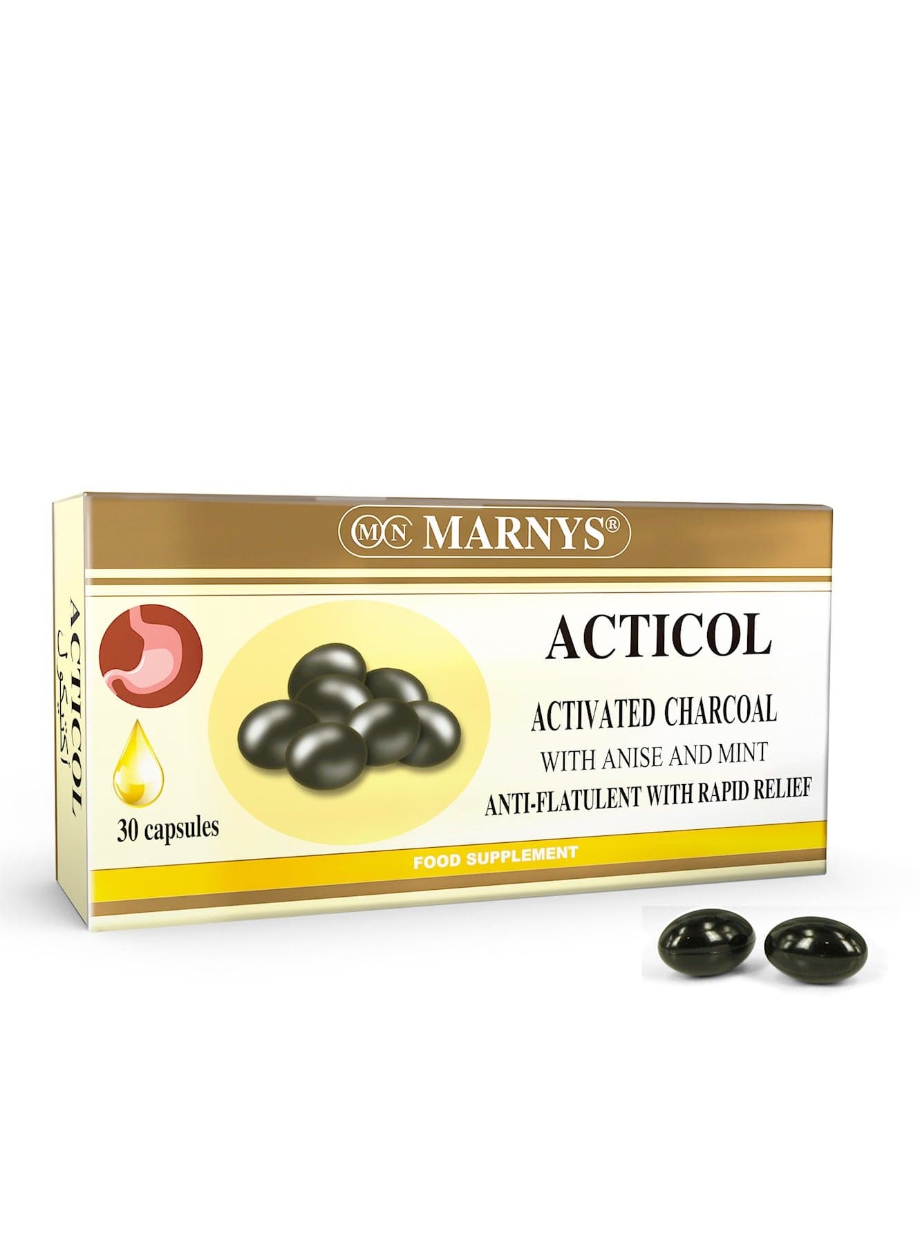 Marnys Acticol - Activated Charcoal with Mint & Anise - Natural Digestive Relief - Bloating & Gas Reduction - 30 Capsules