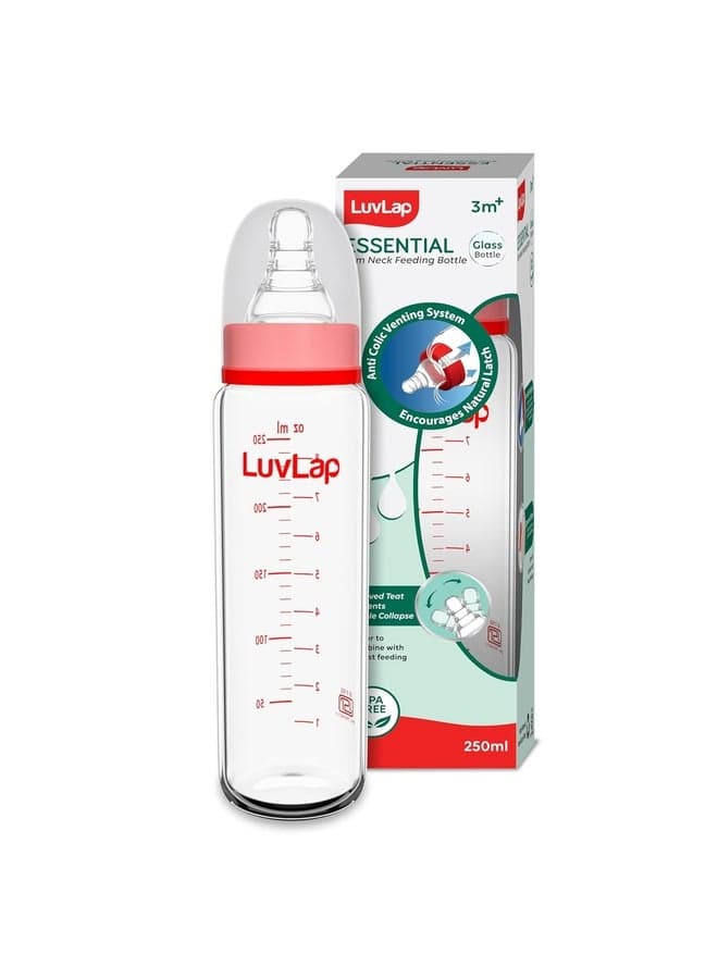 Essential Slim Neck Glass Feeding Bottle, 250Ml, 3M+/Babies Upto 3 Years, Made of Borosilicate Glass, Bpa Free, Ergonomic Shape is with Anti Colic Nipple, Pack of 1, White & Red