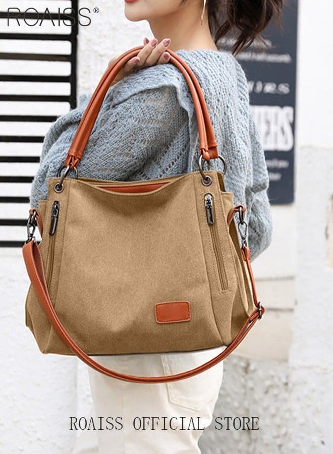 Women's Large Capacity Shoulder Tote Bag Casual Canvas Handbag Crossbody with Long Strap Multi Pocket for Young Women Teenagers School Shopping Front Zipper Pocket in Elegant Tan Brown