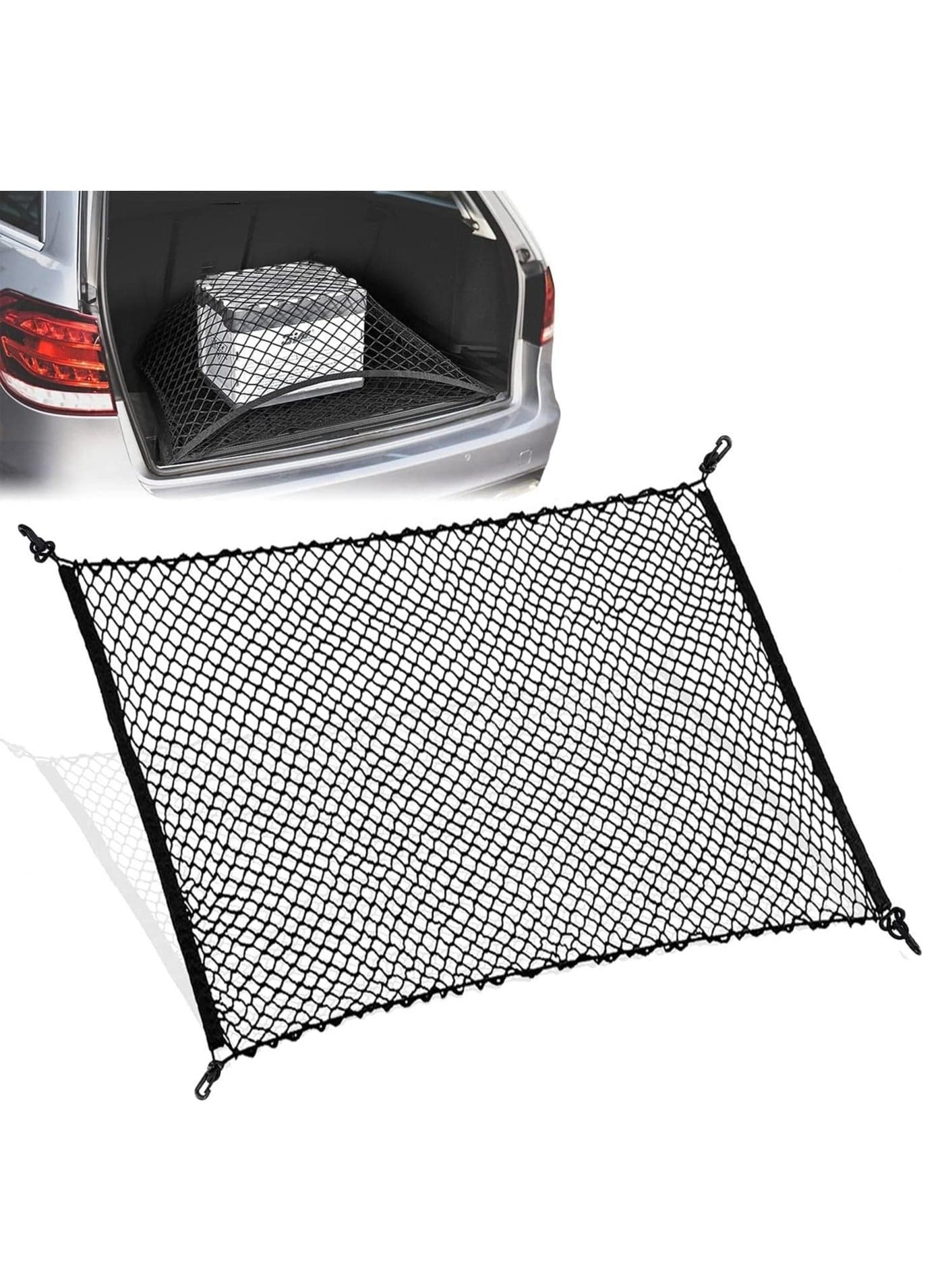 Car Trunk Net with 4 Hooks 70x70cm, Flexible Nylon Rear Cargo Storage Organizer Mesh Net for Nissan Patrol Armada Pathfinder Kicks Juke Murano Rogue Xterra (1 Pack)