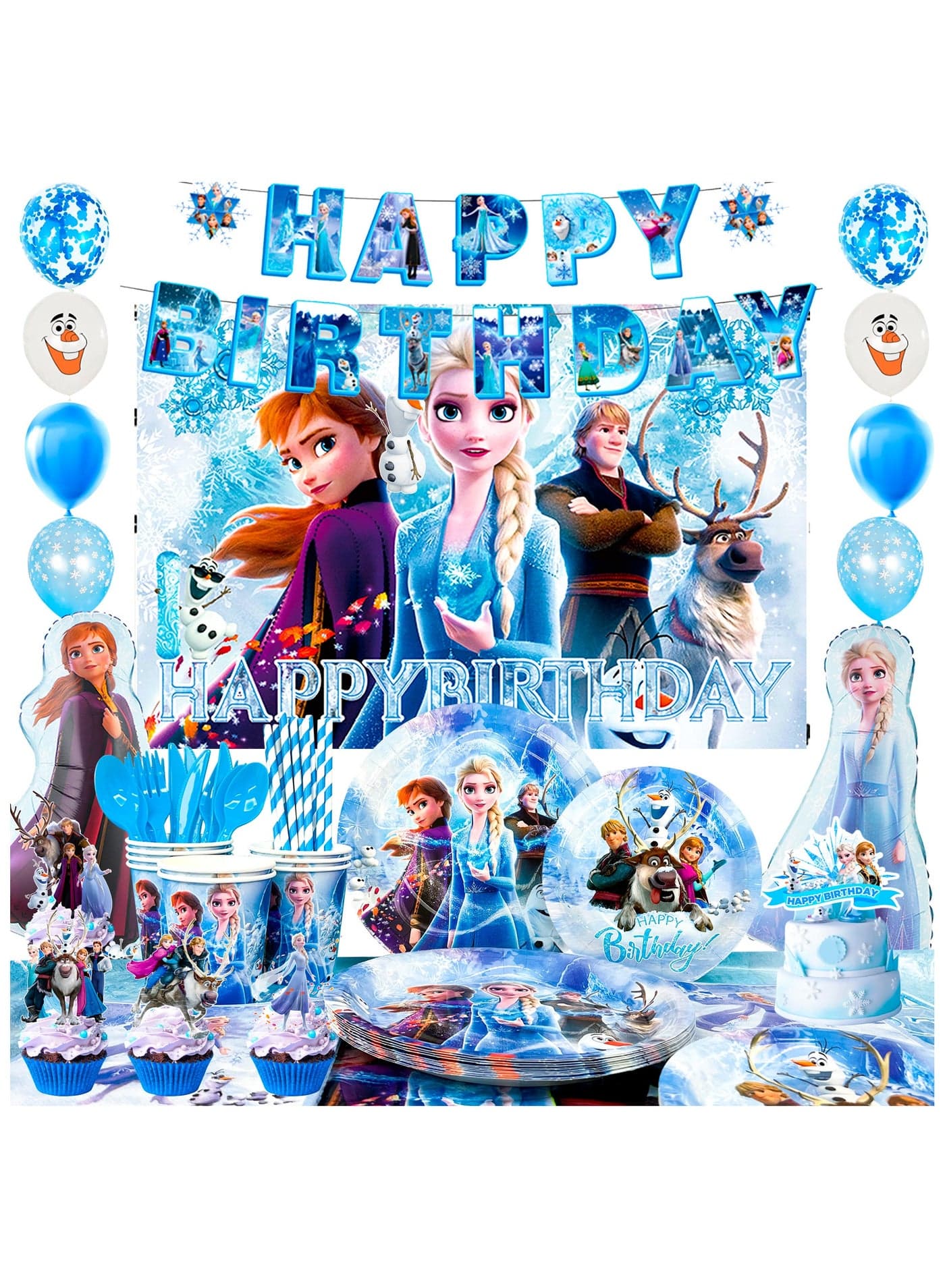 Frozen Birthday Party Decorations, 124pcs Frozen Disposable Party Tableware Set, Wonderland Party Decoration Elsa Balloons Plates Napkins Cups Frozen Tablecloth Banner Backdrop etc Frozen Themed Birthday Party Supplies