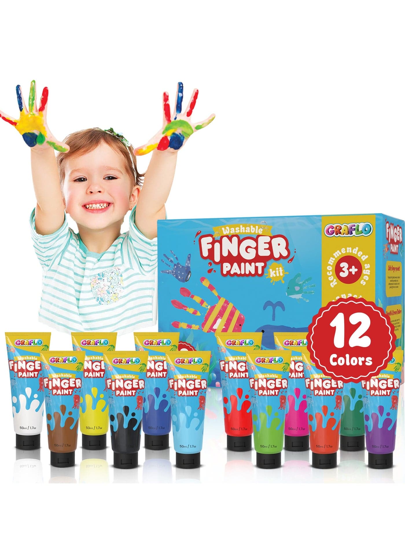 Washable Finger Paint for Toddlers, 12 Non-Toxic Vibrant Colors, 50ml Tubes, Safe Baby Hand and Foot Paint, Mess-Free Art Supplies for Kids, Ideal Preschool Learning Gift for Ages 1-6
