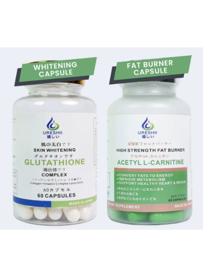 Ureshii Nutrition Combo Pack – Glutathione Supplement + Acetyl L-Carnitine Capsules | 120 Total Capsules