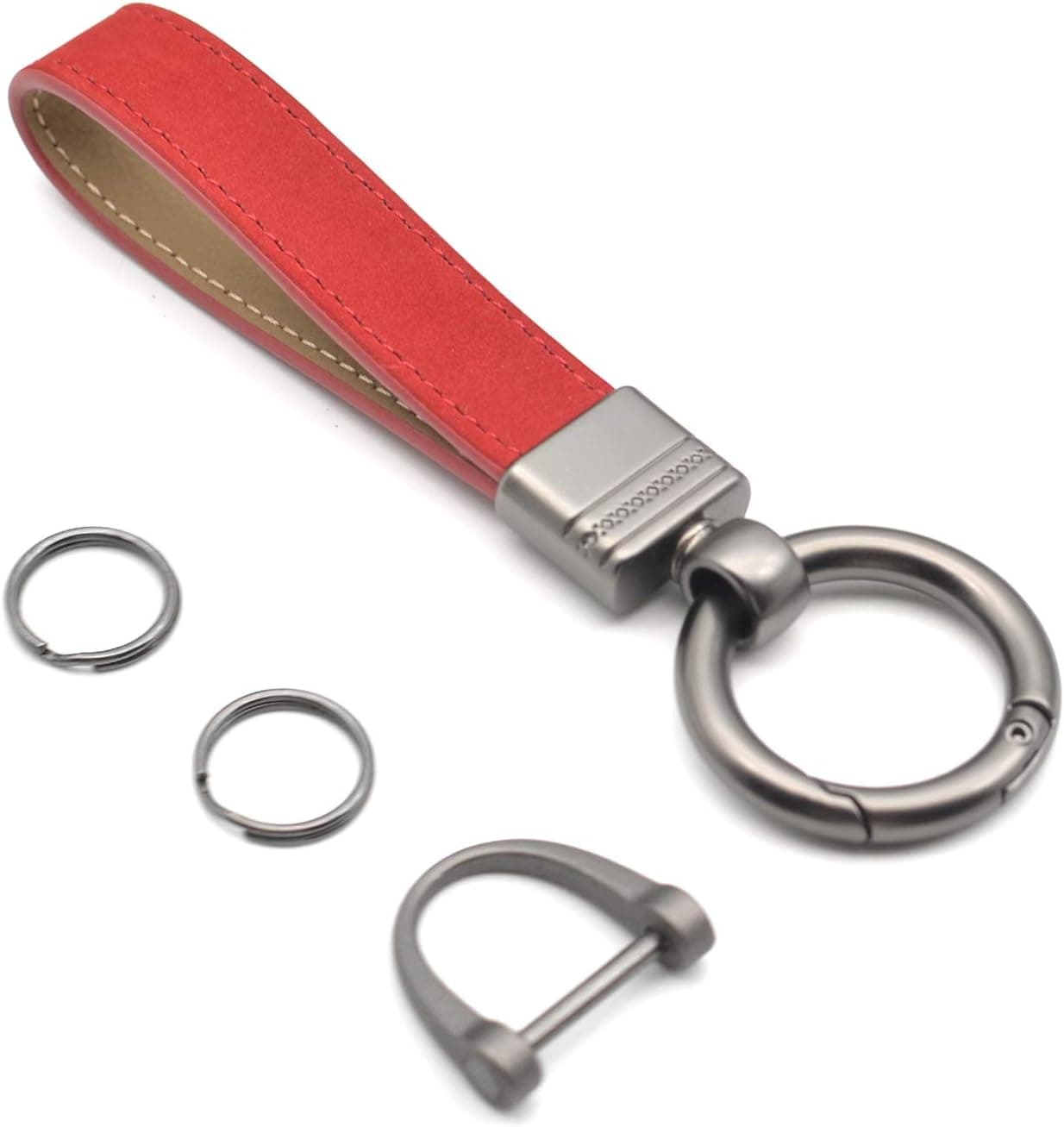 INFIPAR Genuine Leather Car Fob Key Chain with 360 Degree Rotatable Clip - Red
