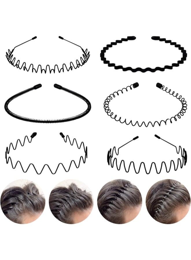 6 Pack Metal Hair Bands Feather Wavy Headband Unisex Black Wavy Headband Polished Backwards Non-Slip Sports Hair Band for Women And Men