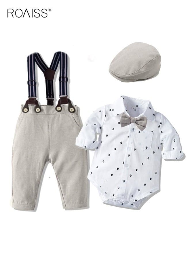 3PCS Baby Boy Clothes Set, Stylish Baby Onesie and Solid Pants Set for Little Gentleman, Long Sleeve Romper Shirt and Suspender Pants Set with Bow Tie and Beret, Suitable for Wedding Ceremonies, Performances, Photo Shoots and Outdoor Activities