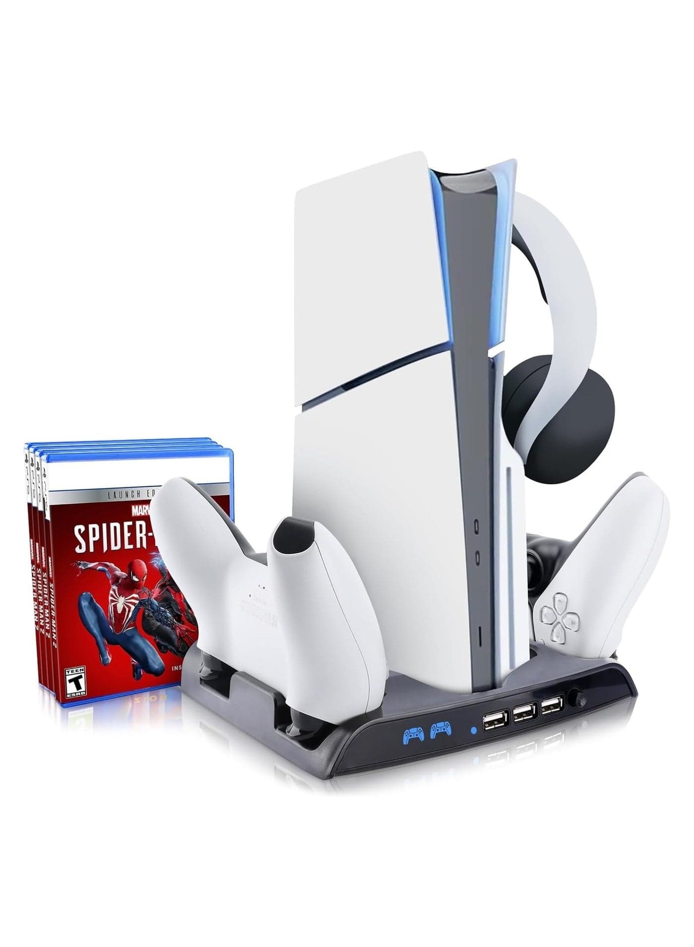 Compatible with PS5 Slim Cooling Stand with Controller Charging Station (Black)