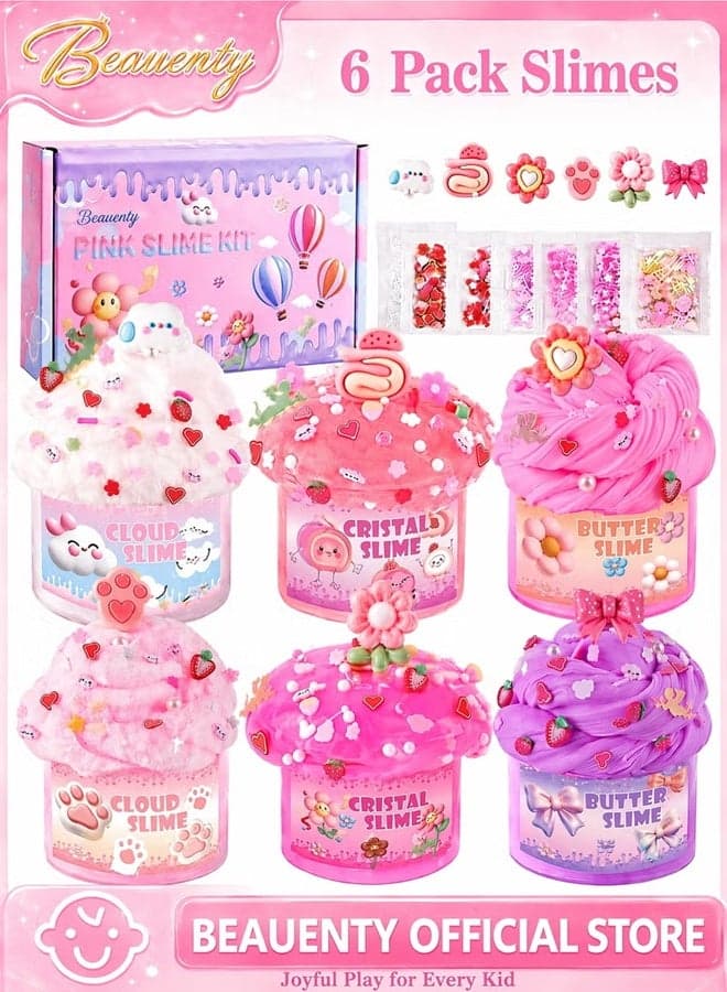 6 Pack Slimes, Pink Slime Kids, Cloud Slime kit for Girls Ages 3-12, Toys for Girls and Boys, for Kids Slime Set Party kit Goodie Bag Stuffers, 3 4 5 6 7 8 9 10 Year Old Girl Birthday Gift Cute Stuff