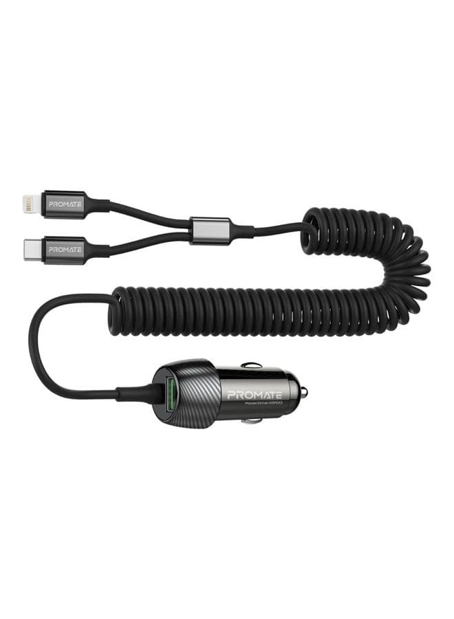 Car Charger with Cable, Universal 33W Power DC Charger with Built-In 3-in-1 Splitter USB-C, Lightning Charging Coiled Cable and QC 3.0 USB Port for iPhone13, Galaxy S22, PowerDrive-33PDCI Black