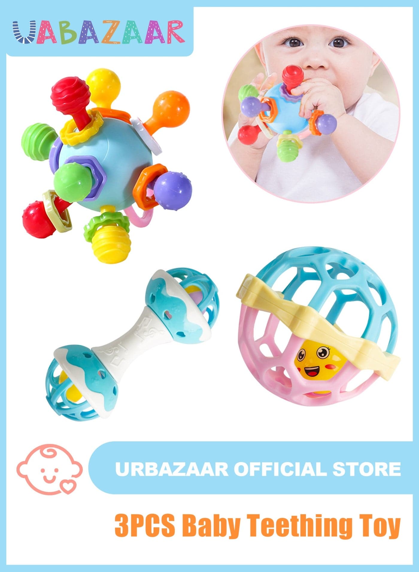 3Pcs Baby Teething Toys, Teething Toys for 3-12 Months Boys Girls, Newborn Baby Toys, Baby Rattles Toys, Sensory Chew Toys, 1 Year Old Baby Shower Gifts