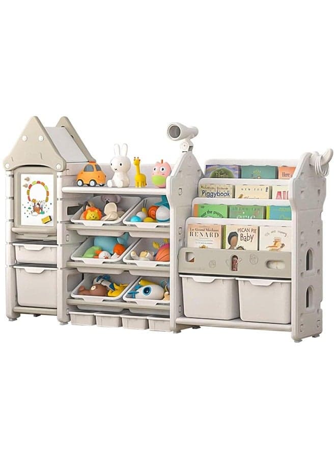 Multipurpose Children Bookshelf With 4-Tier Shelf&10 Removable Plastic Bins,Toddler Bookcase Toys Organizer For Playroom,Bedroom,Daycare, Nursery
