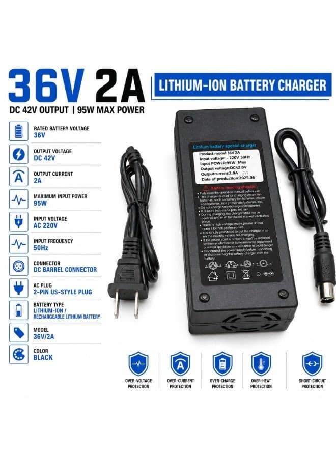 FUKUKAWA 36V 2A Lithium Battery Charger DC42V Output | Smart Cut-Off Fast Charging Adapter with UK 3-Pin Plug | Compatible with 36V E-Bike, Scooter, Hoverboard, Lithium-Ion Battery