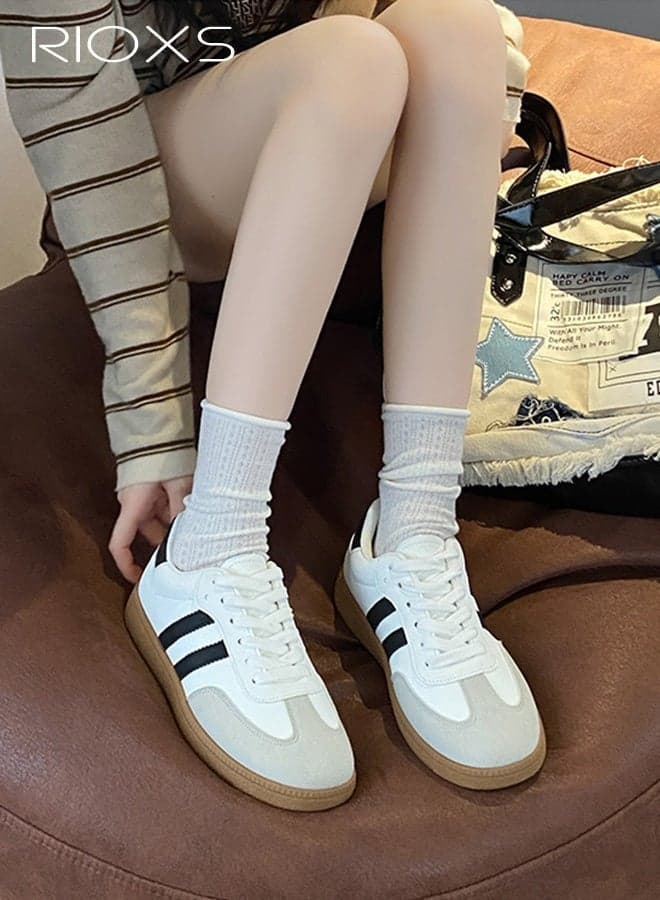 Women's Sports Shoes, Men's Low Top Sneakers, Unisex Fashion Sneaker Casual Shoes, Classic Retro Athlesiure Shoes, Lace-Up Low-Top Sneakers for Men and Ladies, Trendy Anti Slip Walking Trainers with Platform/ Regular Heel, Soft Gum Sole Tennis Skate Shoes for Traveling/ Shopping/ Daily Work/ Shopping, White Comfort Footwear