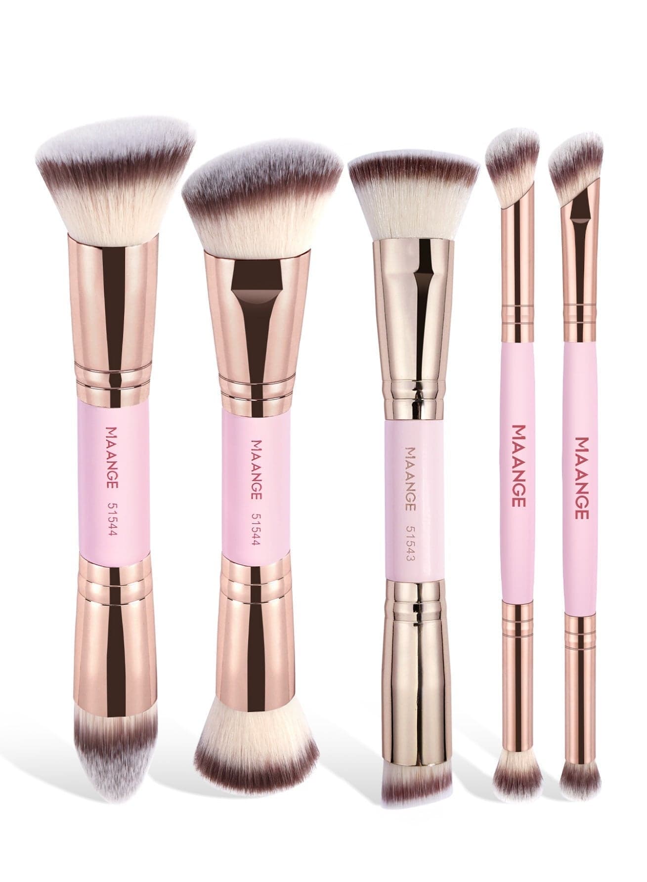 Foundation Makeup Brushes Set, 5Pcs Premium Double-Ended Makeup Brush (Flat/Angled/Angled Round/Tapered Top) for Buffing Liquid, Cream, Powder, Blending Contour Face Brush and EyeShadow Brush(Pink/Gold)