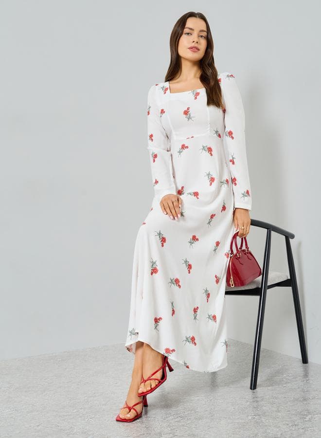 White Floral Print Long Sleeve Maxi Dress
