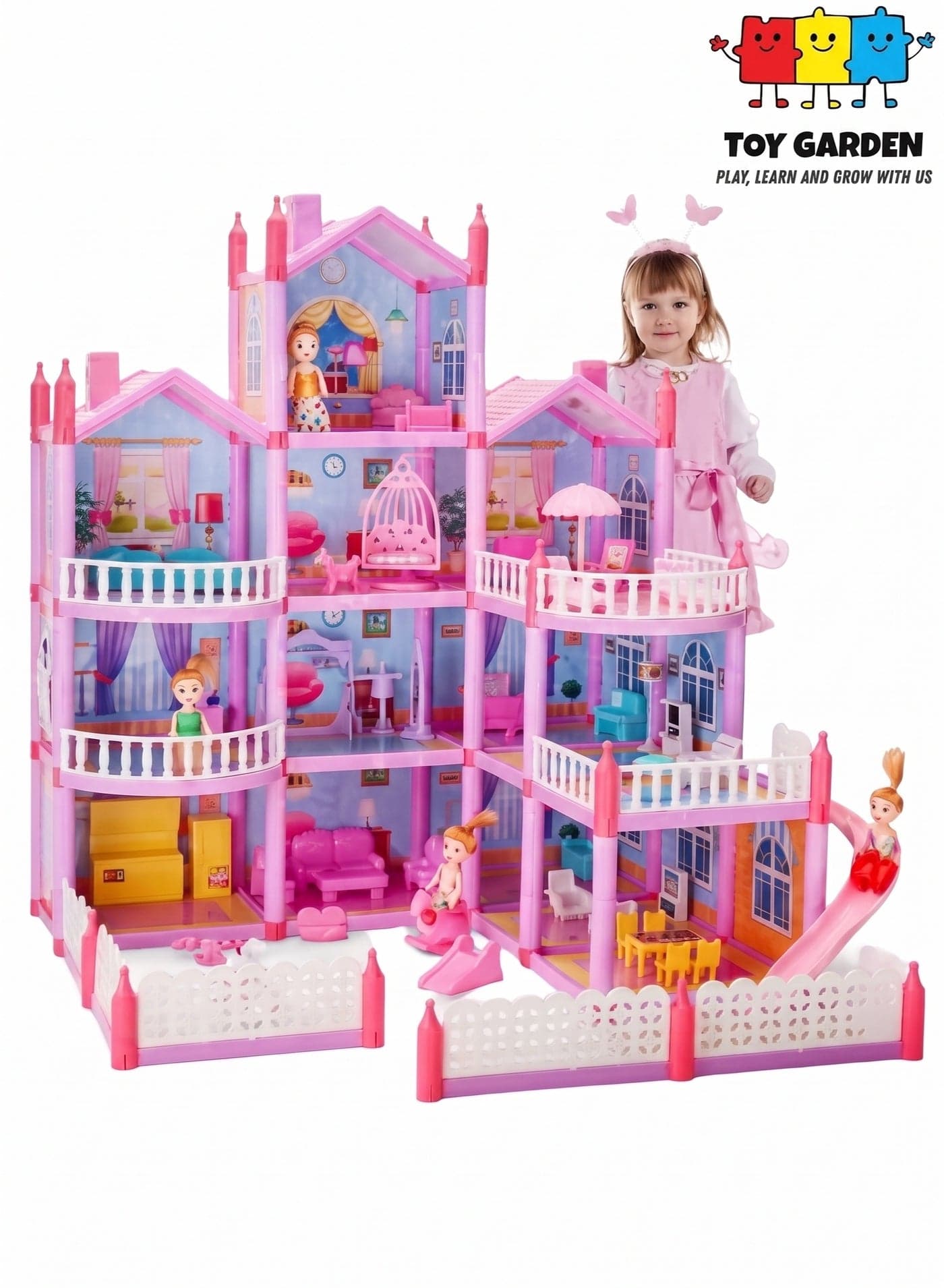TOY GARDEN Dollhouse Dreamhouse Building Toys | DIY House with Furniture, Movable Slides, Pets & Dolls | Interactive Party Play Doll House for Kids Ages 3+