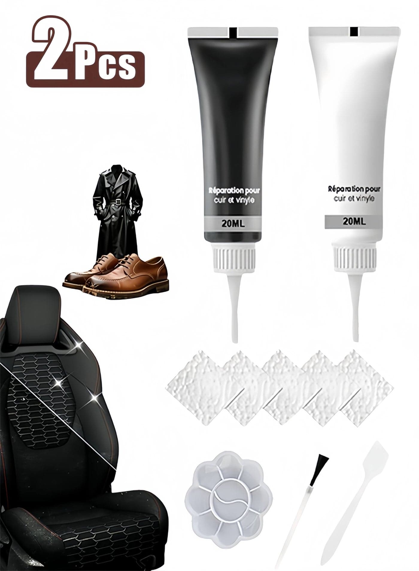 2 pcs Vinyl Leather Repair Kit, Black And White Leather Repair Kit, For Furniture Waterproof Leather Couch Repair Kit, Chair Scratch Color Restorer Stain Remover Multi, Purpose Leather Repair Gel