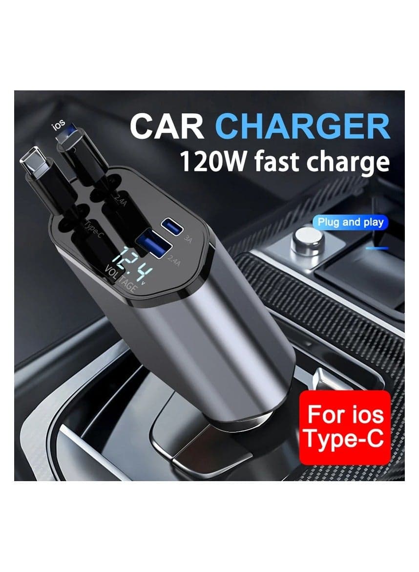Car Charger - Fast Charging 4-in-1 Adapter with Collapsible Lightning & Type C Cables, Dual USB Ports & Voltage Display - Compatible with iPhone, iPad, Galaxy -Powerfull Output