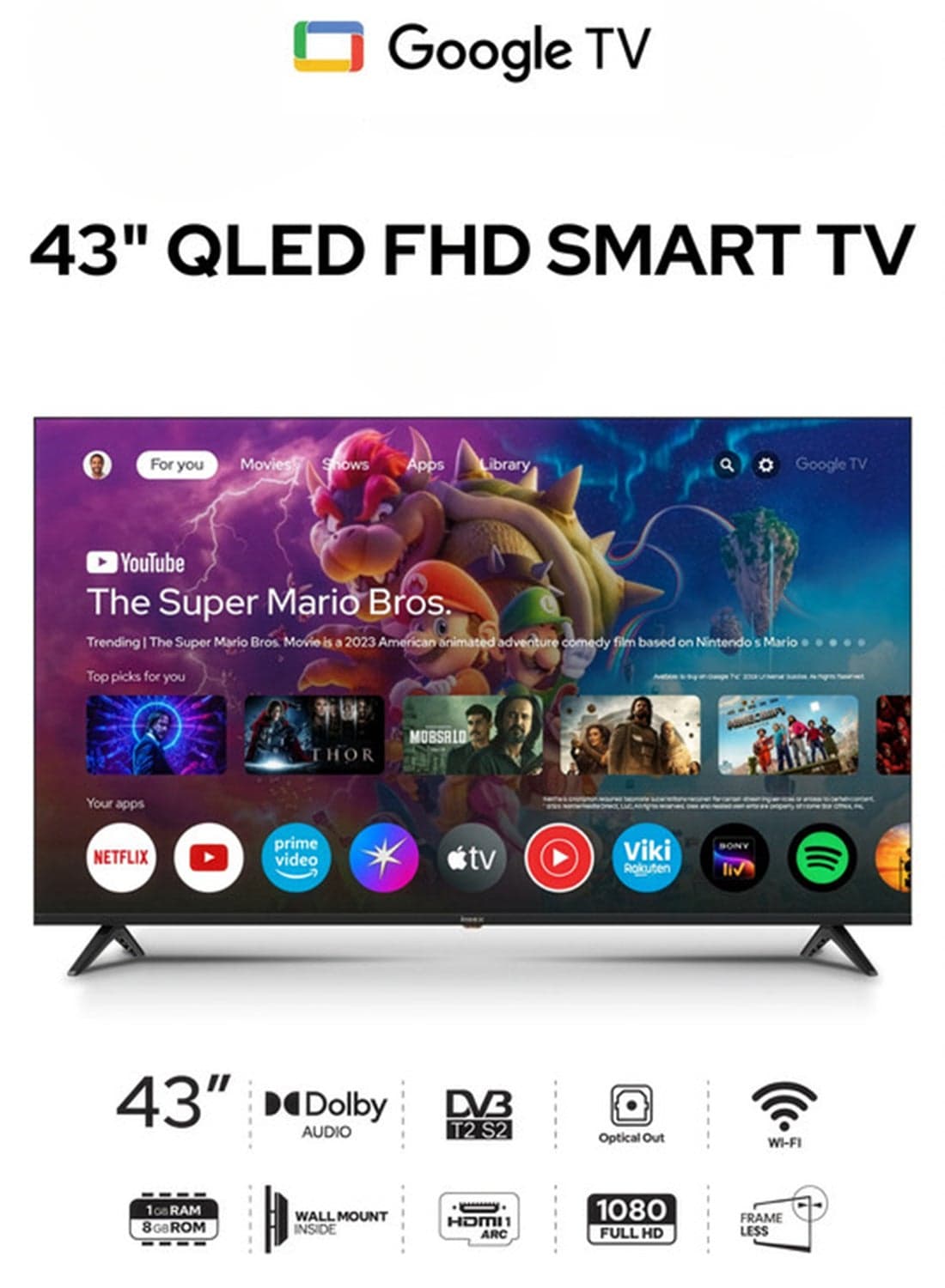 43 Inch QLED Smart TV Full HD, Google TV with Voice Remote & Google Assistant, 1920x1080 Resolution, Chromecast Built-in, Bezel-Less Slim Design, 4 HDMI 2 USB, DVB T2/S2, A+ Grade Panel, 1GB RAM 8GB ROM, Energy Efficient LED Television, Wall Mount Included, 2 Years Warranty - evoQ 43QLC2 Black evoQ 43QLC2 Black
