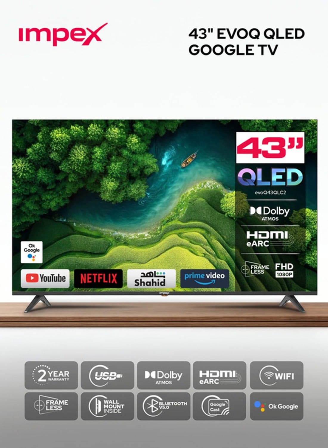 43 Inch QLED Smart TV Full HD, Google TV with Voice Remote & Google Assistant, 1920x1080 Resolution, Chromecast Built-in, Bezel-Less Slim Design, 4 HDMI 2 USB, DVB T2/S2, A+ Grade Panel, 1GB RAM 8GB ROM, Energy Efficient LED Television, Wall Mount Included, 2 Years Warranty - evoQ 43QLC2 Black evoQ 43QLC2 Black