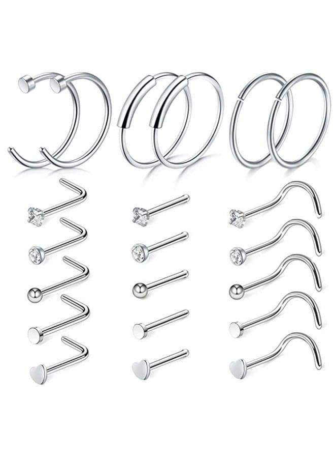 21PCS Nose Rings Hoop for Women and Men Surgical Steel Hypoallergenic L Shaped Nose Studs 8mm Hoop Nose Piercings Jewelry Silver