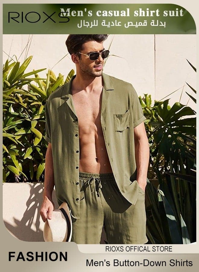 2-Piece Men's Summer Outfits, Loose Fit Button-Down Short Sleeve Shirts with Wide Leg Shorts, Casual 2 Piece Beach Outfits with Pockets, Lightweight Breathable Cotton Linen Blend Solid Shirt and Shorts, Perfect for Daily Wear, Sports, Party, Fitness, Working or Traveling, Green