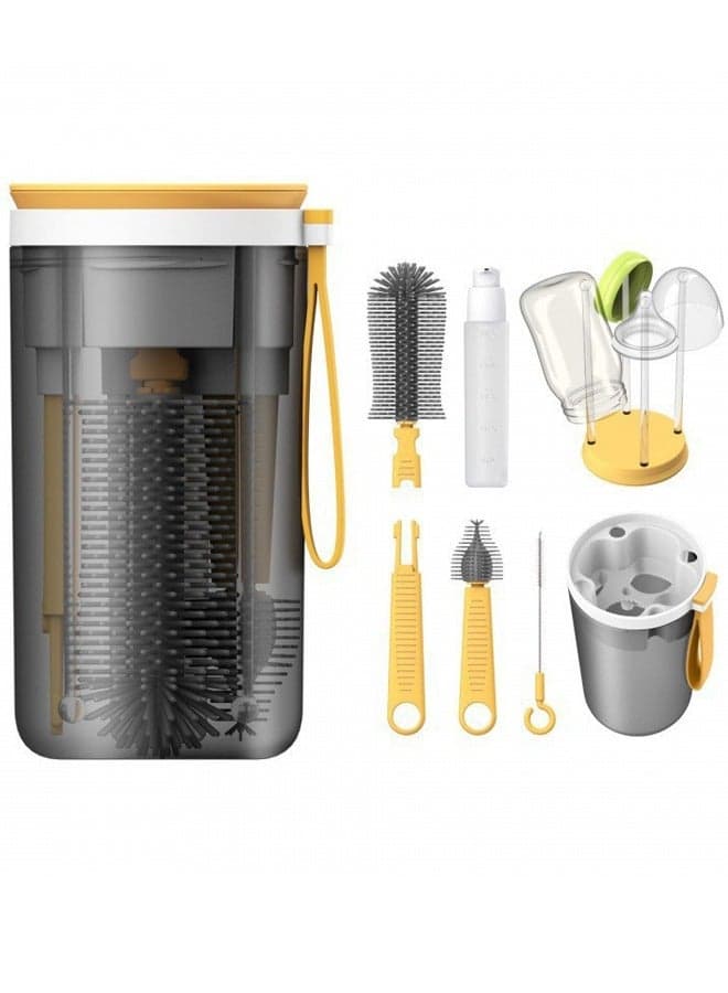 Portable Bottle Brush Cleaner Set, Travel Bottle Cleaner Kit for Baby with Silicone Bottle, Nipple and Straw Brush, Stirring Head, Soap Dispenser, Drying Rack and Storage Box, Yellow