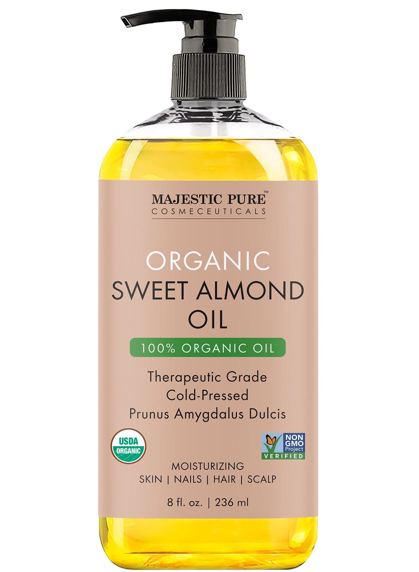 Organic Almond Body Oil | 236 ML Large | 100% Pure & Natural Cold Pressed Oil Sweet Almond Oil for Skin, Face, Nails, Hair, Scalp & Massage |