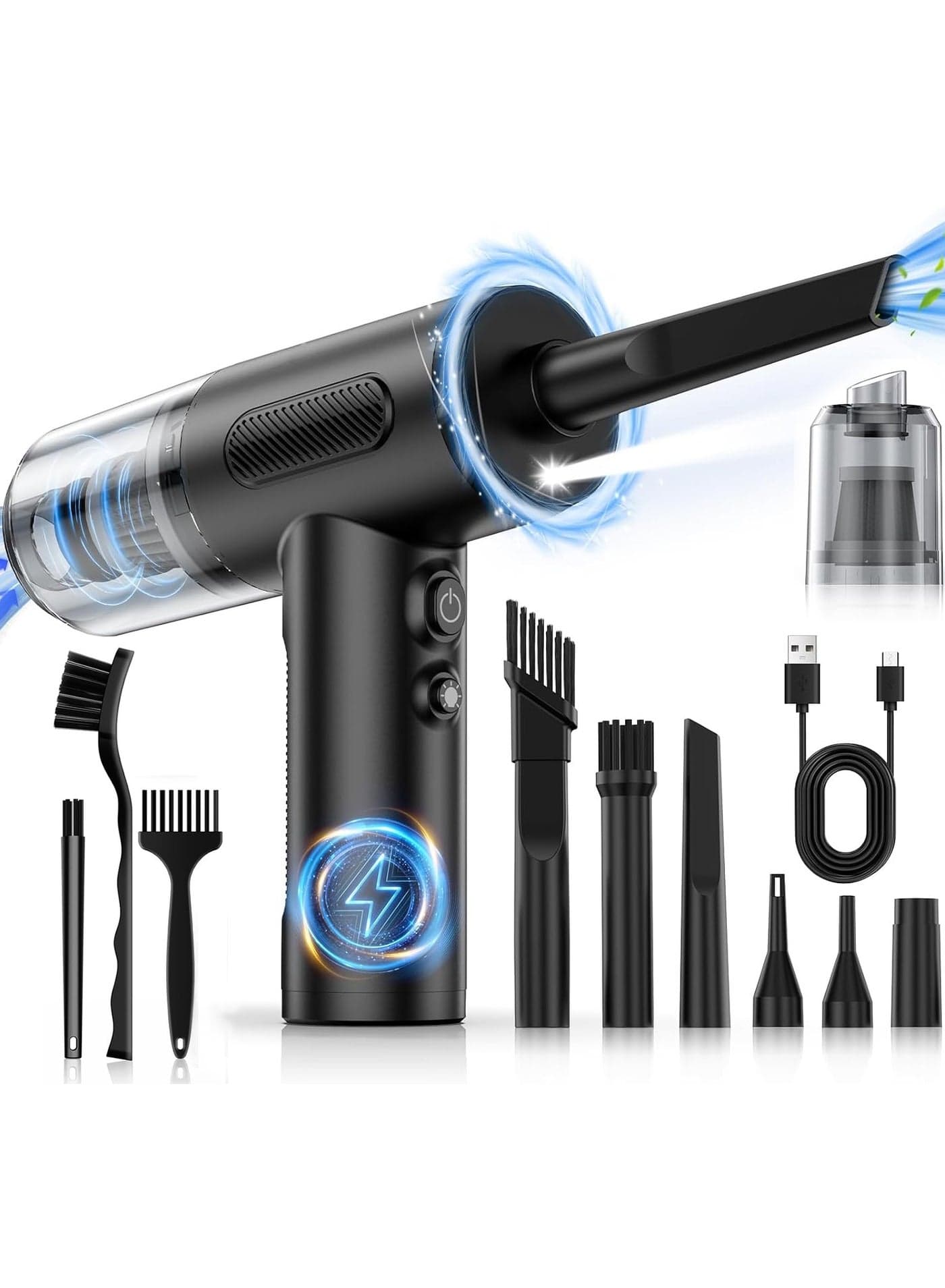 Compressed Air Duster and Vacuum,Handheld Car Vacuum/Air Blower& Pump, 3 Gear Adjustable Electric Air Duster/Car Vacuum Cleaner, Keyboard Duster with LED Light-10 Kits Air Blower for Computer