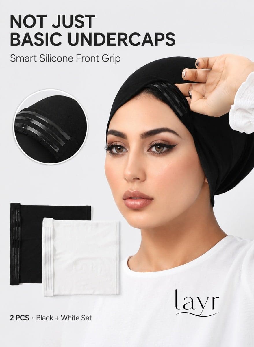 2 Pcs Black and White Smart Grip Hijab Inner Caps for Women, Innovative Non Slip Underscarf Caps with Front Silicone Grip Strips, Soft Stretch Mercerized Cotton for Daily Hijab Styling