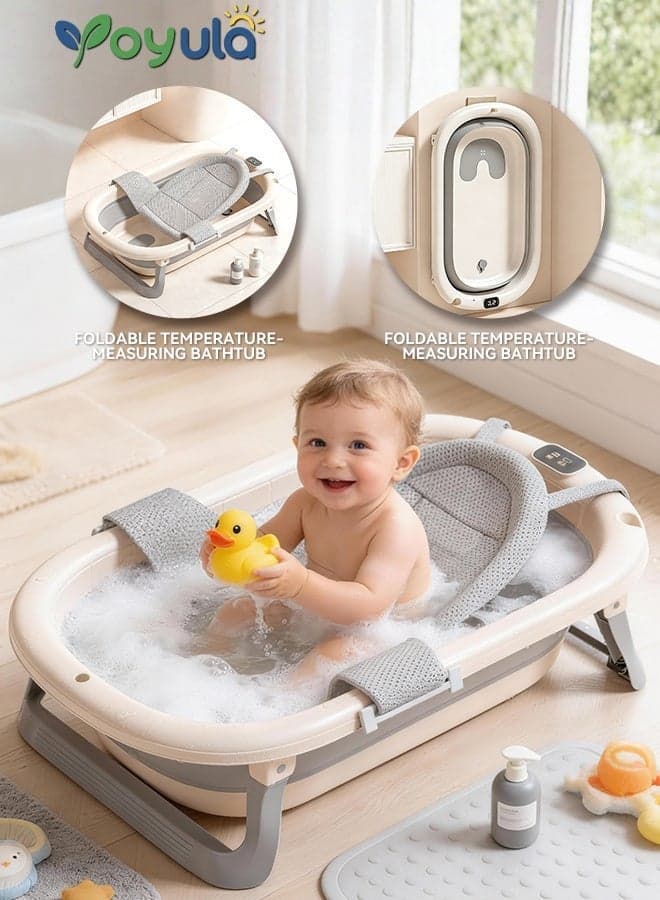 Baby Bathtub Foldable with Temperature Display, Newborn to Toddler Bath Tub with Support Net Sitting & Lying Design, Portable Non Slip Baby Bath for Home Travel