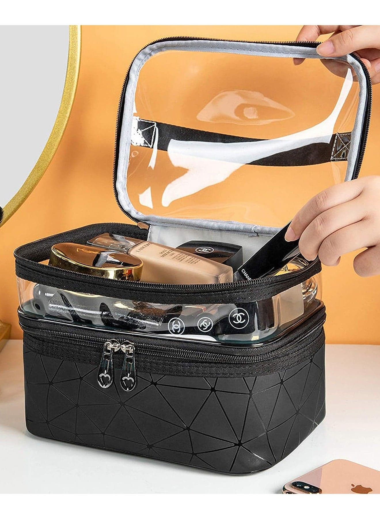 Makeup Bag, Double layer Cosmetic Cases Travel Makeup Organizer Toiletry Bags Large Make Up Bag For Women Girls (Black)