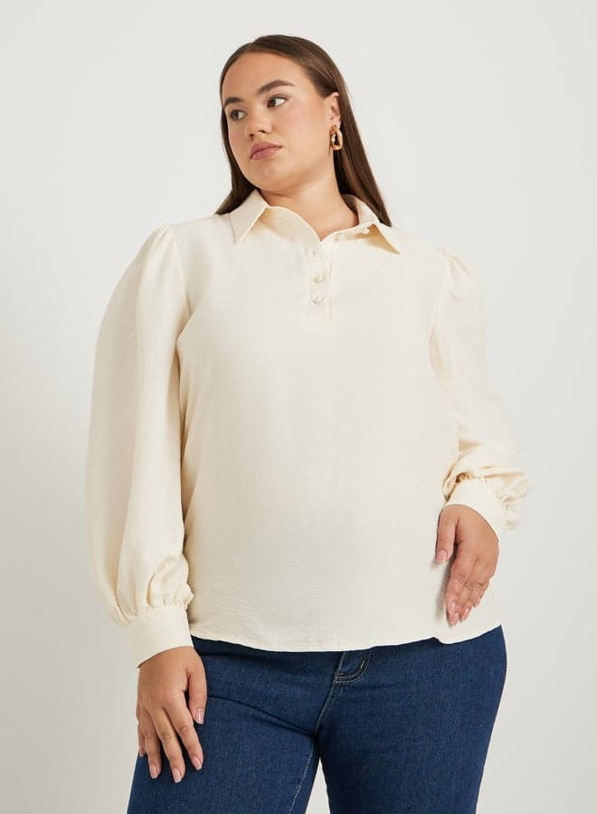 Plus Size Textured Balloon Sleeve Regular Fit Popover Shirt