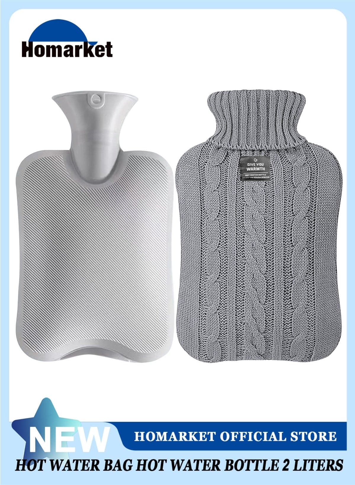 Hot Water Bottle with Knitted Cover, 2L Hot Water Bag for Hot and Cold Compress, Hand Feet Warmer, Ideal for Menstrual Cramps, Neck and Shoulder Pain Relief, Grey