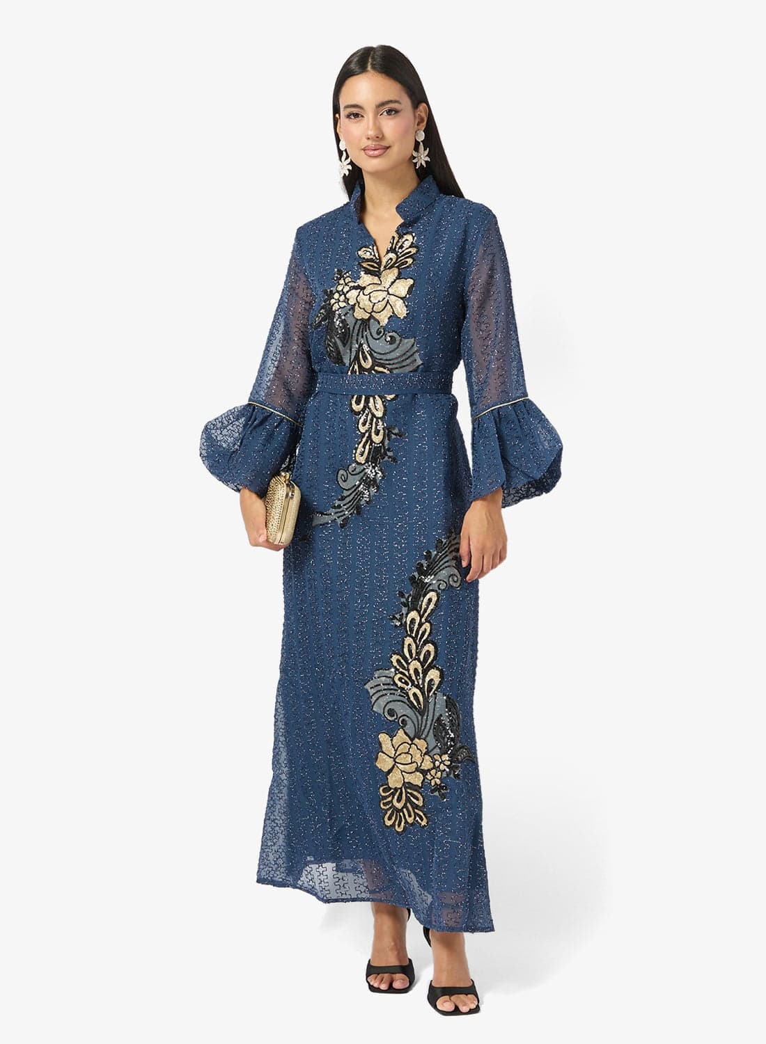 Embroidered Dress With Flare Sleeves