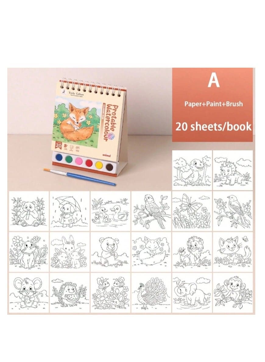 Watercolor Painting Paper Set & Diy Watercolor Kit, Creative Art Kit with Brushes & Paints Paint Coloring Book Animal Series