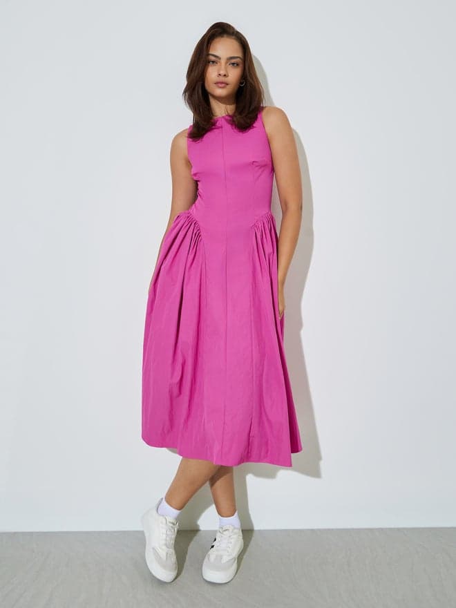 Styli Pink Sleeveless Midi Dress with Side Pleats