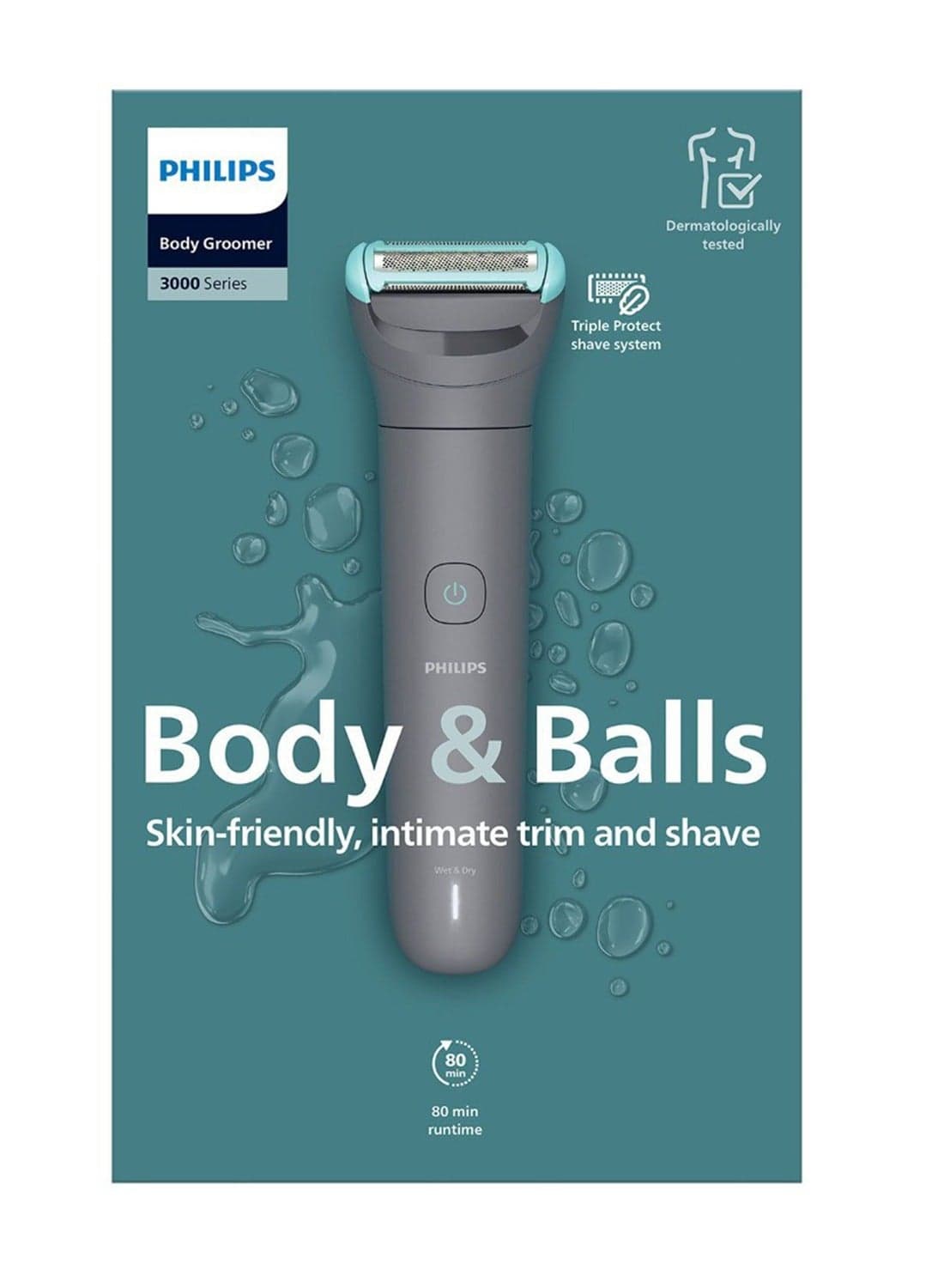 Body Groomer BG3485/15 | Trim & shave body hair & balls | 100% showerproof | Skin-friendly | 2/3/5 mm combs | 80 min cordless | Battery indicator | USB charging | Easy to clean 80min, 3x combs, skin protect-Mid Grey