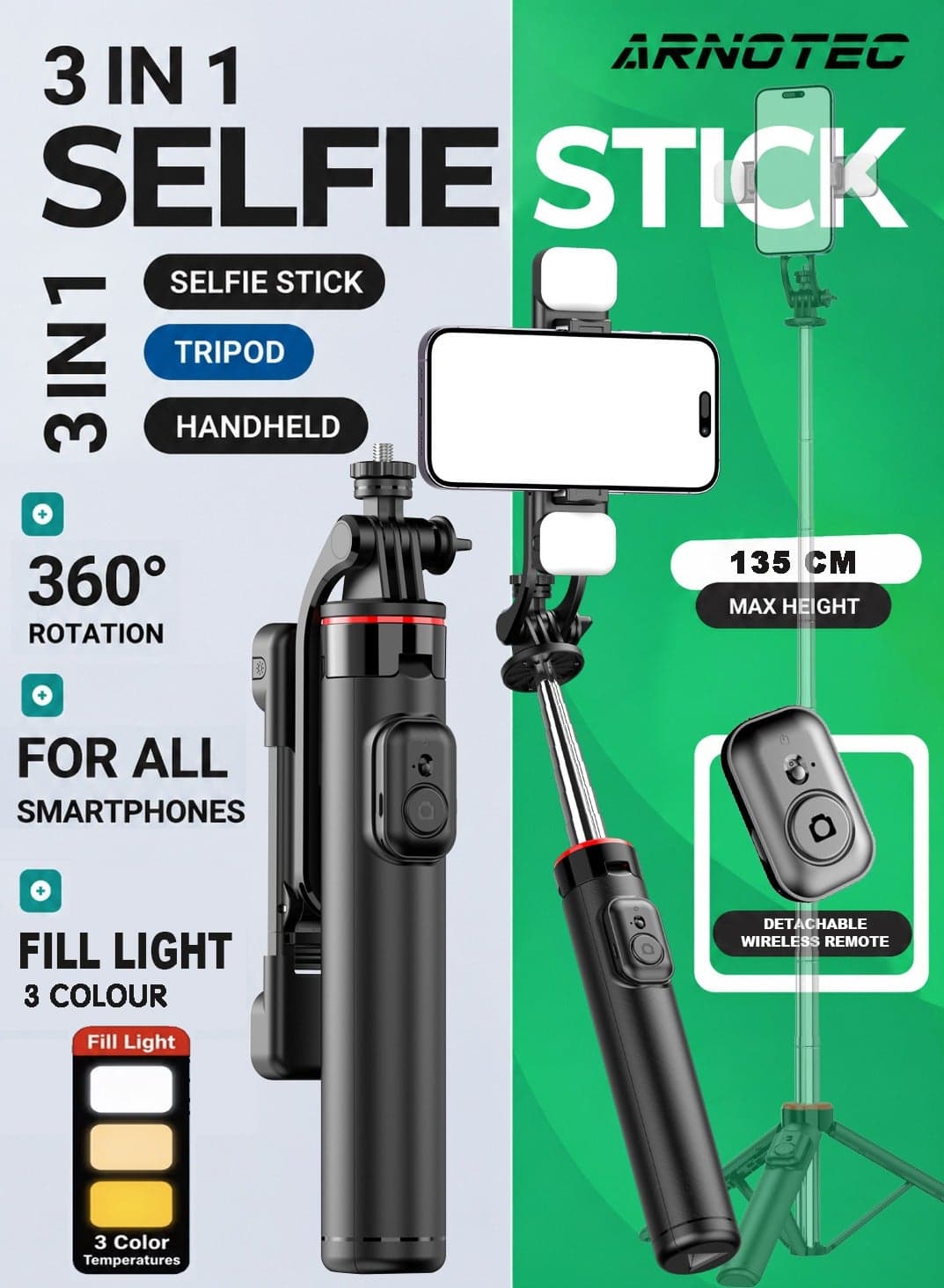 53 Inches(135cm) Selfie Sticks Tripod,Separate design smartphone tripod Stand with Wireless Remote Control and Double fill light Portable Retractable Cell Phone Tripod for iPhone/Samsung/GoPro/Android Phonem Length 135CM